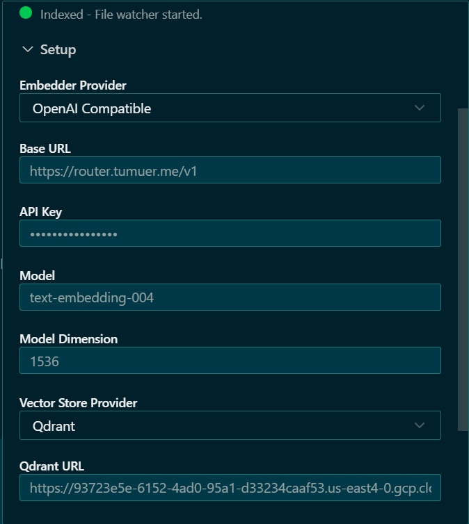KiloCode Code Index / Embeddings 设置示例：OpenAI Compatible、Base URL、API Key、Model 与 Model Dimension